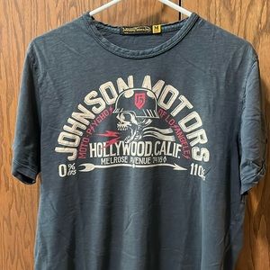 Johnson Motors t shirt, size medium, worn in but no holes, gray